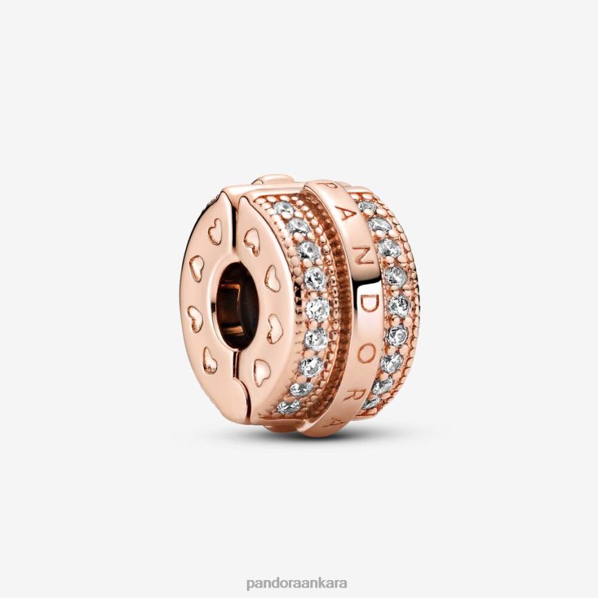 ışıltılı döşeme çizgileri ve logo klipsi çekiciliği 82N8H21 Pandora Gül Altın Kaplama