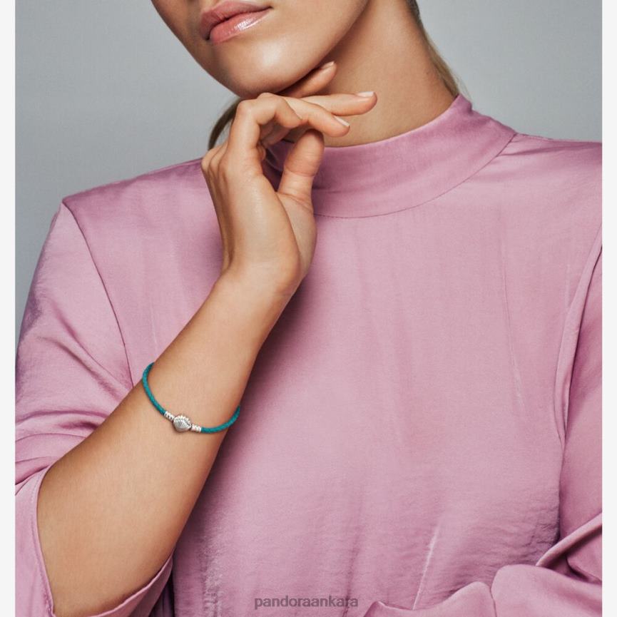 moments deniz kabuğu toka turkuaz örgülü deri bileklik 82N8H350 Pandora som gümüş